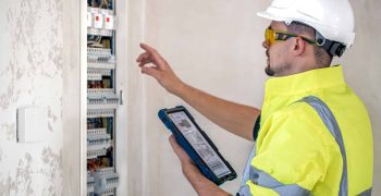 Electrical technician looking focused while working in a switchboard with fuses.